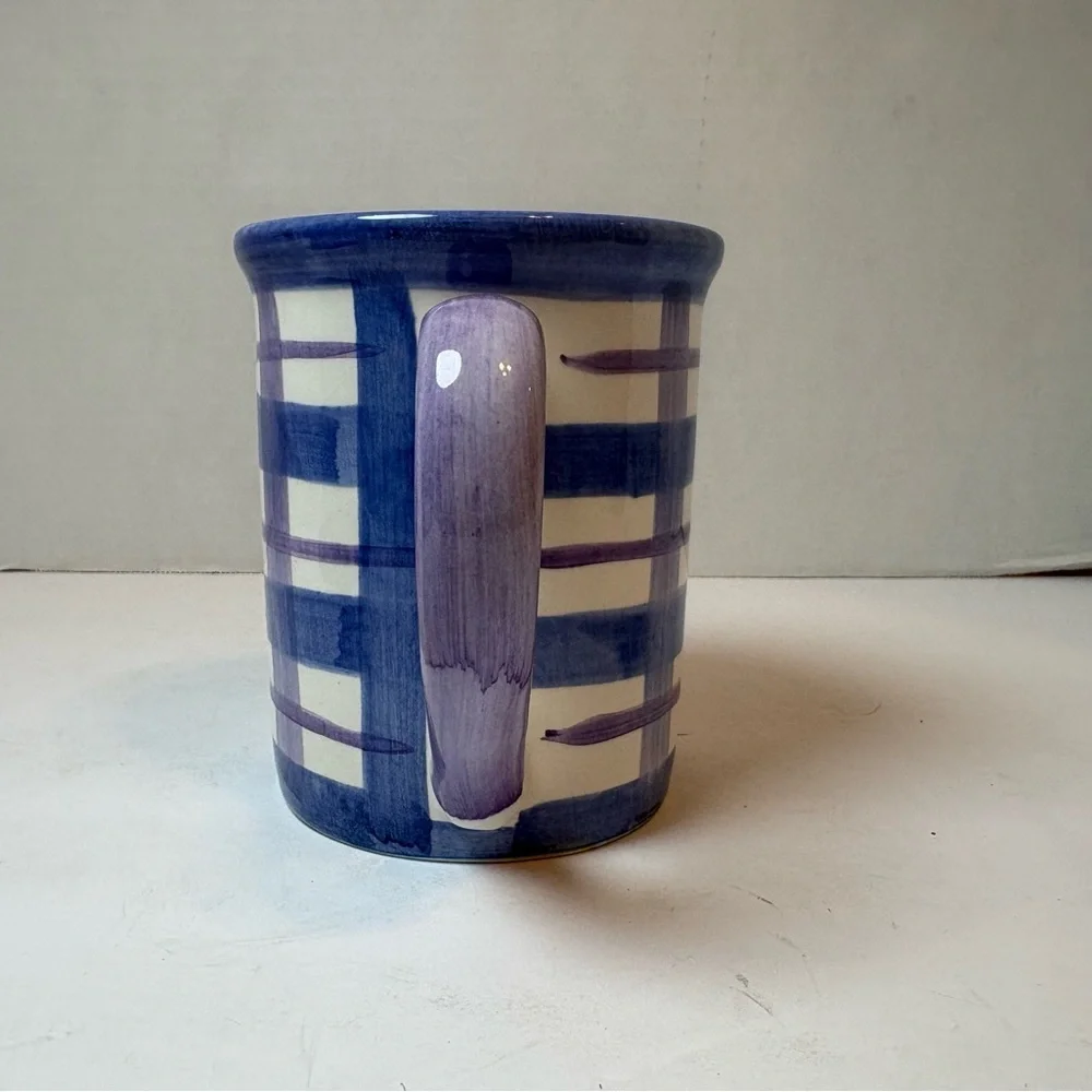 Smuckers vintage hand painted blue purple & white gingham 18 oz. coffee mug